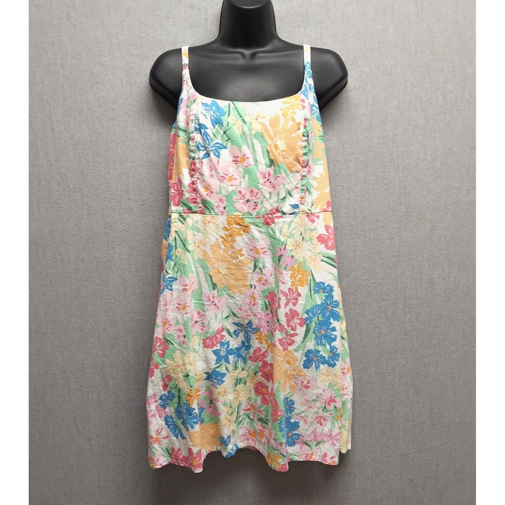 Floral Linen Blend‎ Sundress L Smocked Back Cottagecore Pockets Vacation Beach